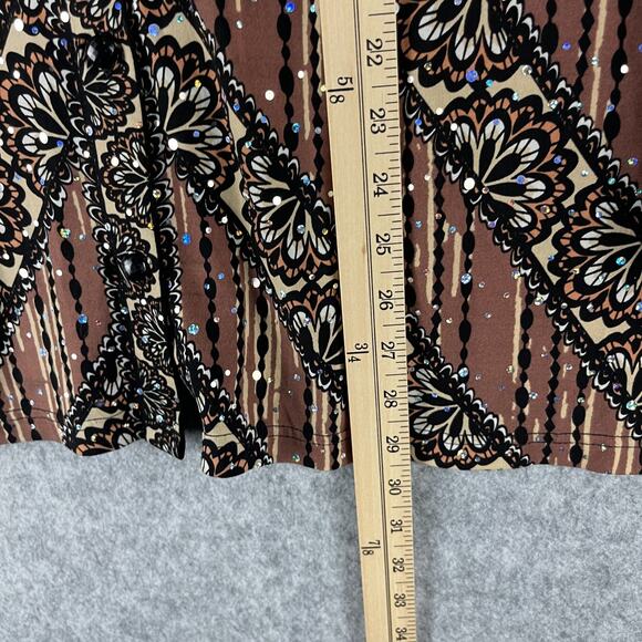 Bob Mackie Jersey Top Womens XL Brown Printed Sequins Button Front Stretch Artsy - Picture 8 of 16